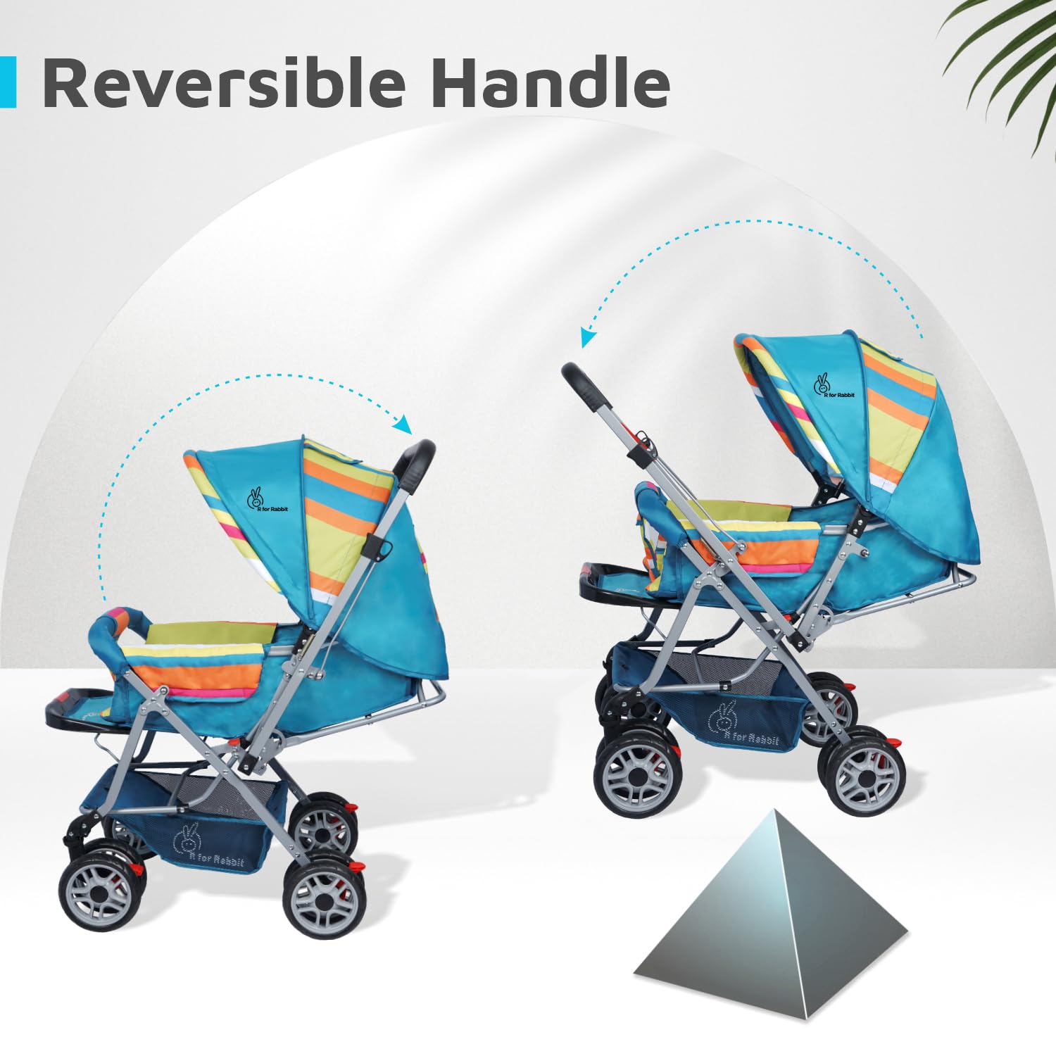 Lightweight R for Rabbit baby pram in blue and yellow stripes, featuring a padded seat, safety harness, and large wheels. www.usmile.toys